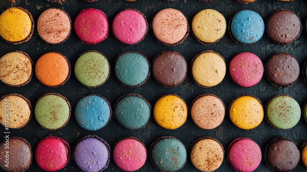 Poster Colorful assortment of macarons arranged in a grid pattern showcasing various vibrant flavors and textures on a dark background.