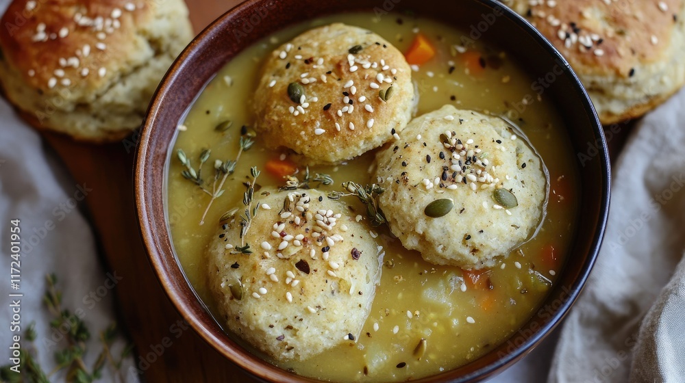 Poster overhead view of hearty soup in bowl with golden biscuits topped with seeds and herbs on rustic wood