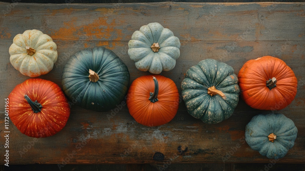 Poster Overhead view of various pumpkins in different colors arranged on a rustic wooden table creating a seasonal autumn aesthetic