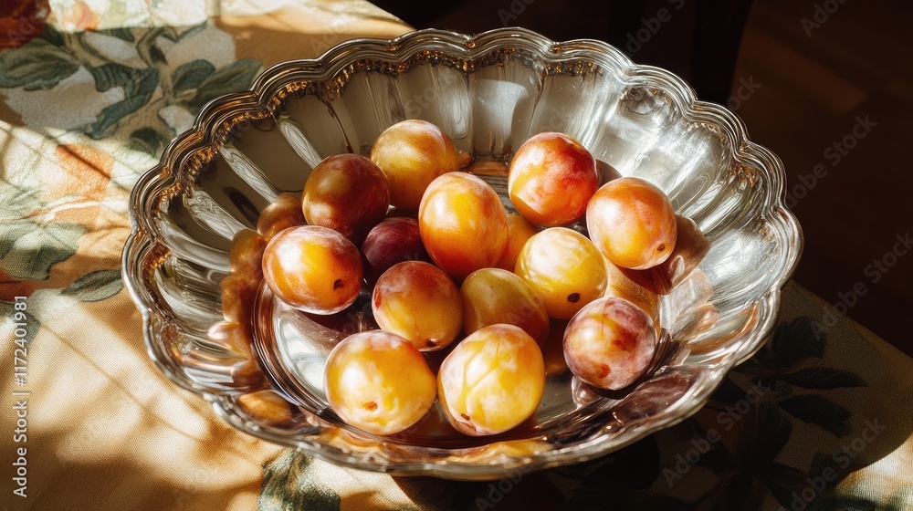 Poster bowl of fresh ripe plums with unique coloring set on a floral tablecloth in warm sunlight creating a
