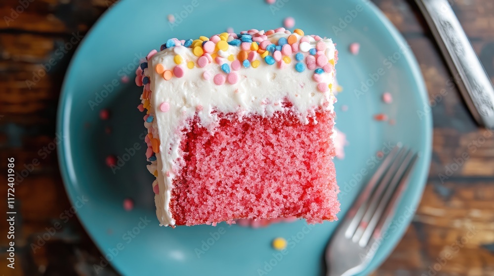 Poster Overhead view of a colorful cake slice on a turquoise plate with sprinkles and fork beside it on a rustic wooden table