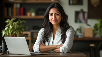 Fototapeta premium Confident young hispanic female professional at desk with laptop in modern office setting