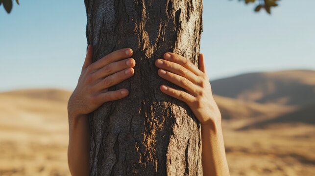 Person embracing tree trunk in desert landscape symbolizing human connection and harmony with nature in a serene environment