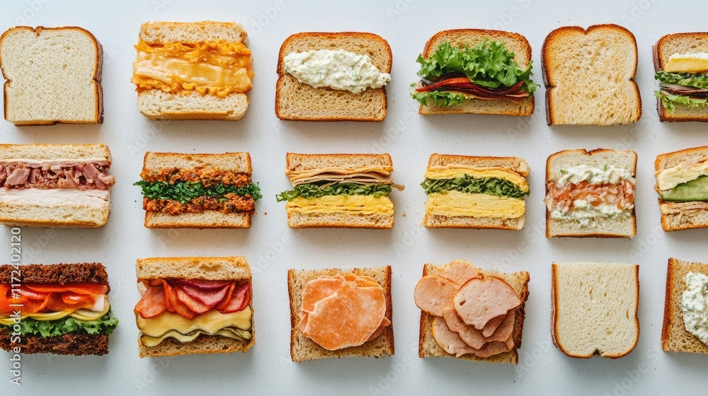 Poster assorted sandwiches arranged on a white surface showcasing diverse fillings and fresh ingredients in