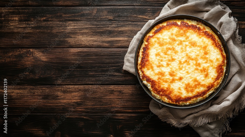 Aufkleber baked cottage cheese pancakes in a skillet on rustic wooden table with towel and space for text show