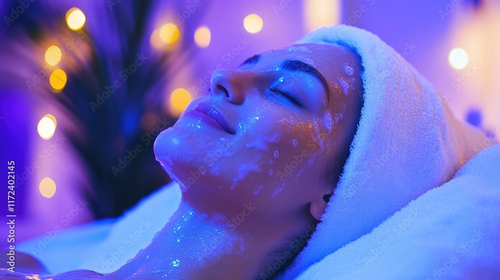 Poster relaxed individual experiencing a soothing balneotherapy session with serene lighting and calming am