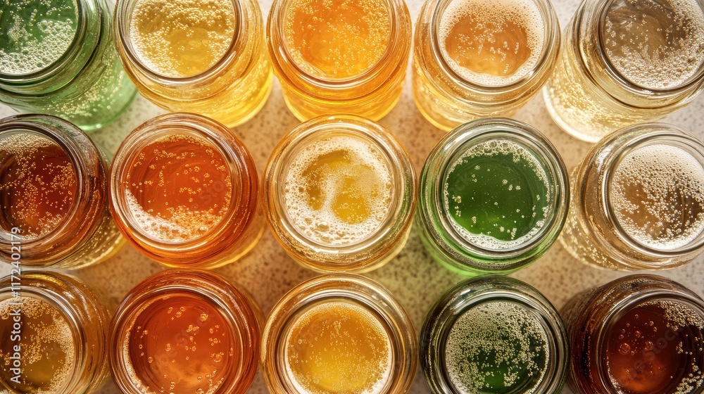 Aufkleber colorful arrangement of sparkling beverages in jars viewed from above showcasing a variety of textur
