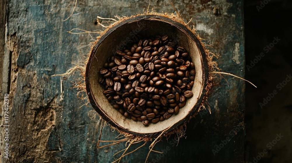 Poster overhead view of roasted coffee beans in coconut shell on rustic wooden background showcasing natura