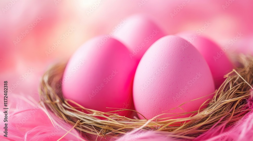 Poster pink easter eggs nestled in a straw nest surrounded by soft pink feathers for a festive spring celeb