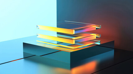 A glowing cumulative bar chart with transparent, stacked layers, radiating soft neon hues. The sleek reflective platform enhances the futuristic, high-tech aesthetic of the data visualization.