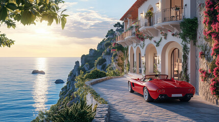 Luxurious Cliffside Villa with Red Sports Car in Southern Italy