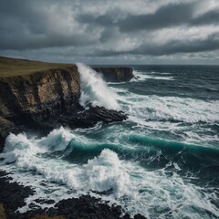Naklejka premium A dramatic cliffside with waves pounding below.
