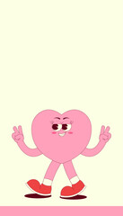 Vertical stories template with walking heart character in trendy retro groovy style. Social media post with psychedelic mascot. Vector illustration with copy space