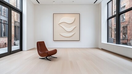 Fototapeta premium Modern Art Gallery Interior with Minimalist Design and Elegant Brown Chair