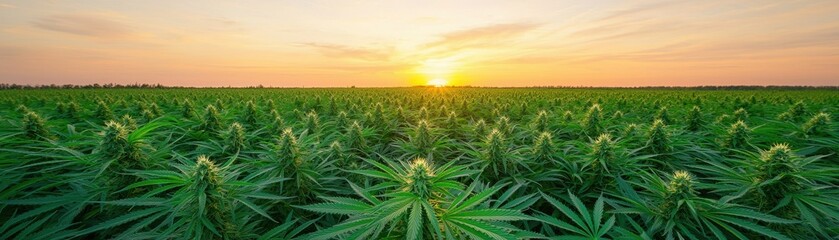 A vibrant cannabis field stretches under a colorful sunset, showcasing lush greenery and the beauty of nature's bounty.
