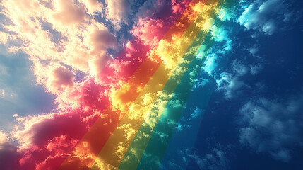 Rainbow across vibrant sunset cloudscape, hopeful backdrop