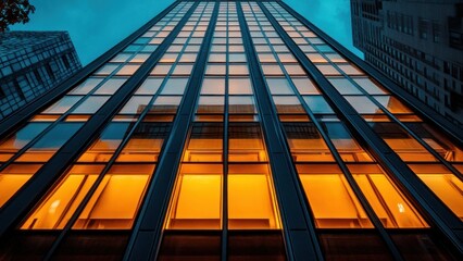 Low angle view of a modern skyscraper with illuminated windows at dusk