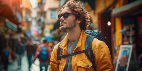Obraz premium Stylish young man with curly hair and sunglasses exploring a vibrant urban market street, exuding a sense of adventure and style