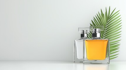 Elegant glass perfume bottles displayed with green palm leaf on soft white background