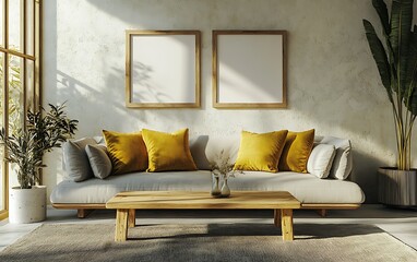 Sunny living room, beige sofa, wooden coffee table, mockup frames, plants.