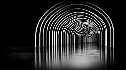 Futuristic Abstract Tunnel with Glowing Lines and Reflective Surface in Deep Black Background