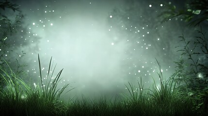 Obraz premium Serene Green Grass Landscape with Ethereal Mist and Sparkling Lights