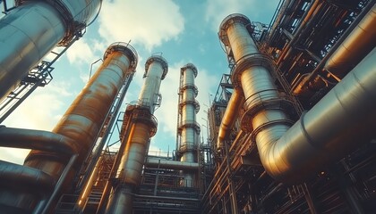 Massive steel pipeline structure in an oil and gas chemical factory, showcasing intricate piping systems against an outdoor industrial factory backdrop