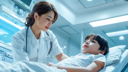 Fototapeta premium A compassionate female healthcare professional interacting with a young boy in a hospital setting, conveying warmth and care during a medical examination.