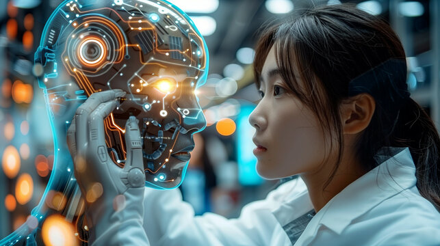A young Asian woman in a white lab coat examines the intricate electronic components of a futuristic humanoid robot head in a high-tech laboratory