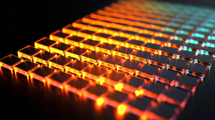 Obraz premium A luminous waffle chart with radiant, colored cells arranged dynamically on a sleek black background, creating a futuristic and visually striking data visualization with a high-tech aesthetic.