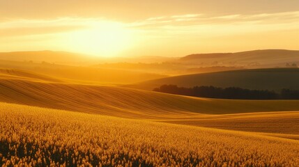 A panoramic view of a golden sunrise over a tranquil yellow rapeseed field, with the morning light creating a glowing scene