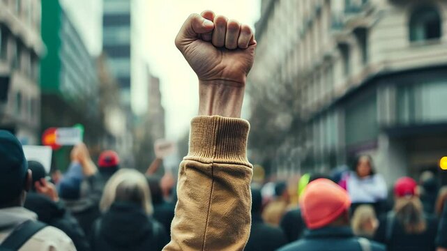 A single raised fist, a symbol of defiance and solidarity, rises above a blurred crowd of people at a political demonstration in an urban city