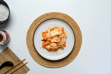 Top view traditional Korean Kimchi served on a plate. Korean cuisine and traditional side dish concept