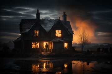 Fototapeta premium silhouette man standing on threshold of an old, crumbling house, with flames inside, night,