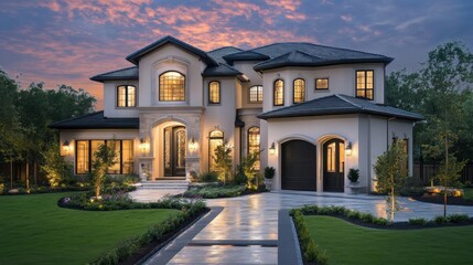Two-story house floor plan with a grand staircase, open-concept kitchen, and private bedrooms upstairs