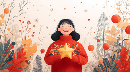 Joyful Young Girl Wearing Red Sweater Holding Bright Star Surrounded by Colorful Autumn Foliage and Decorative Elements