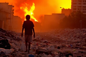 Fototapeta premium Lonely human silhouette wanders through a desolate, littered city amidst an explosive background