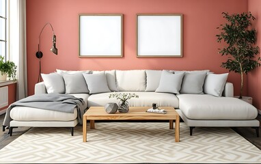 Modern living room interior design, coral wall, sectional sofa, coffee table, plant.