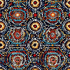 Vibrant abstract pattern featuring circular motifs in various colors on a dark background, evoking a sense of rhythm and movement.