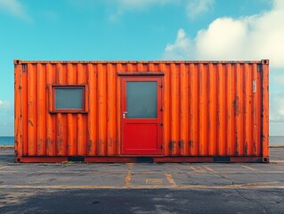Fototapeta premium An orange shipping container with a red door and window by the seaside.