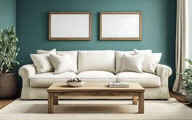 Cozy living room interior design, sofa, coffee table, teal wall.