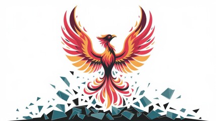 Fototapeta premium Colorful phoenix rising from shattered glass, symbolizing rebirth and resilience. Gray background