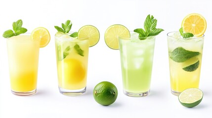 A colorful display of refreshing citrus drinks with garnishes.