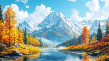 A colorful mountain landscape clipart featuring tall peaks, a serene river, and scattered trees, perfect for nature-inspired designs with text space.