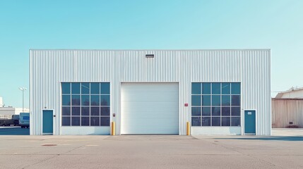 Fototapeta premium A contemporary small white warehouse building with an empty, clean interior, smooth surfaces, and a spacious open layout perfect for industrial or commercial purposes.