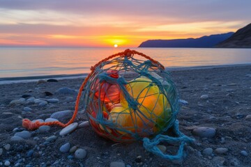 Obraz premium plastic bottles in wicker net on ocean coast