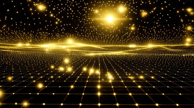 A luxurious 3D scatter plot with pulsing, glowing points floating over a reflective black grid, surrounded by a soft halo of light, ideal for futuristic data visualization and high-tech analytics.
