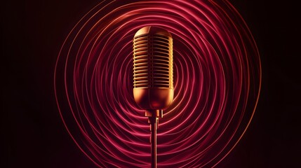 Modern microphone with red spiral sound waves on a black background. World Radio Day