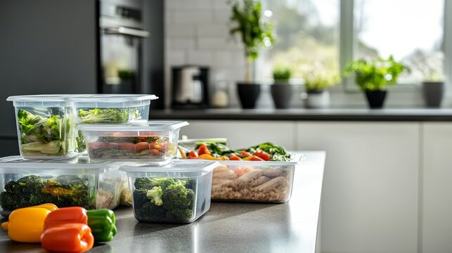 Fresh meal prep in modern kitchen with vegetables and clear containers