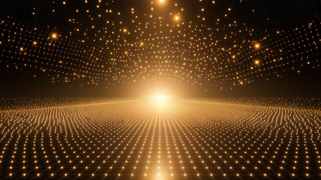 A luxurious 3D scatter plot with pulsing, glowing points floating over a reflective black grid, surrounded by a soft halo of light, ideal for futuristic data visualization and high-tech analytics.